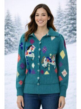 Berek Hand-Knit 100% Wool Cardigan Sweater Carousel Horse Pattern Button-UpWomen